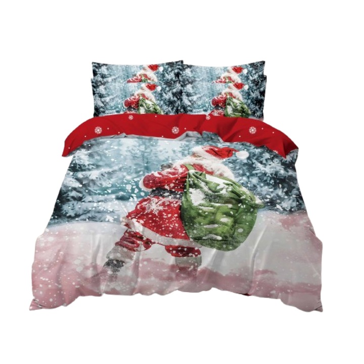 Lenjerie de pat, Finet, Imprimeu Festiv Craciun, Mos Craciun Inzapezit, 6 piese, 2 persoane, 240x250cm, Multicolor