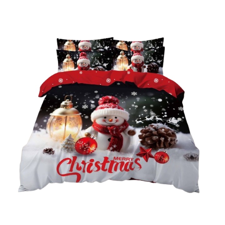 Lenjerie de pat, Finet, Imprimeu Festiv Craciun, 6 piese, 2 persoane, 240x250cm, Multicolor