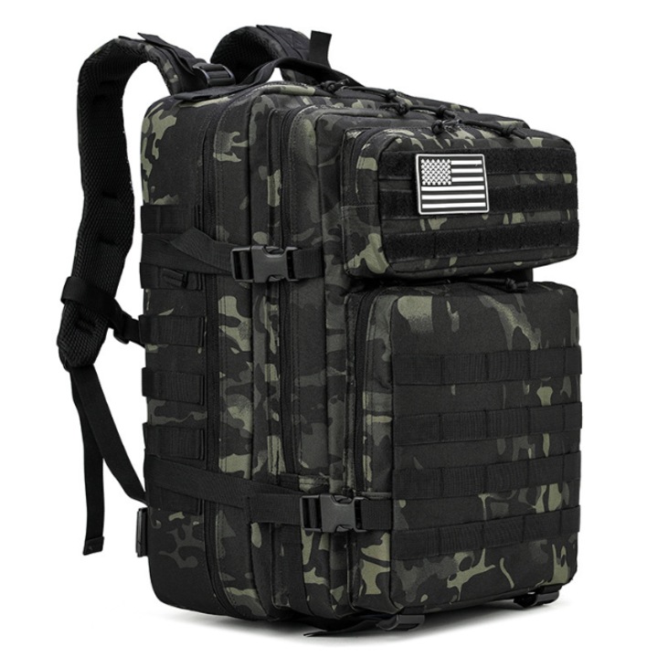 Тактическа раница 45L Camouflage с MOLLE система - водоустойчива, множество отделения, регулируеми катарами и подсилени шевове, вентилация отзад