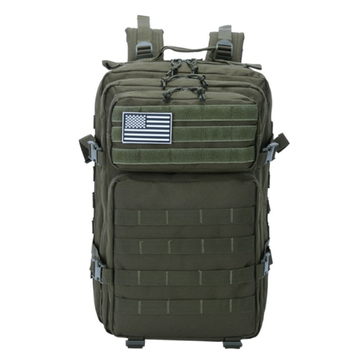 Rucsac Tactic 45L Camuflaj cu sistem MOLLE - rezistent la apa, compartimente multiple, catarame ajustabile si cusaturi intarite, ventilatie spate si compatibilitate cu sistem de hidratare