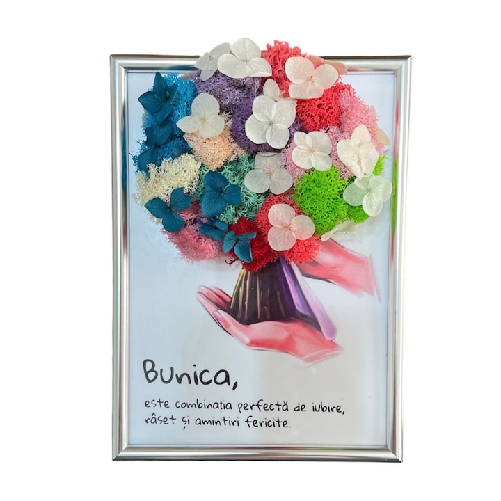 Tablou decorat cu licheni naturali stabilizati si flori stabilizate, cu mesaj pentru Bunica, multicolor, dimensiune 13x18 cm, rama gri