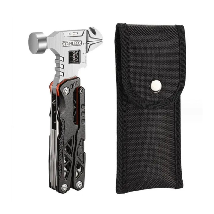Ciocan multifunctional 19 in 1 de otel, Suport de surubelnita, Inox, Cheie reglabila, Cleste, Deschizator de conserve, Compact, Portabil, Taietor de sarma, 8, 5 x 17cm, Negru
