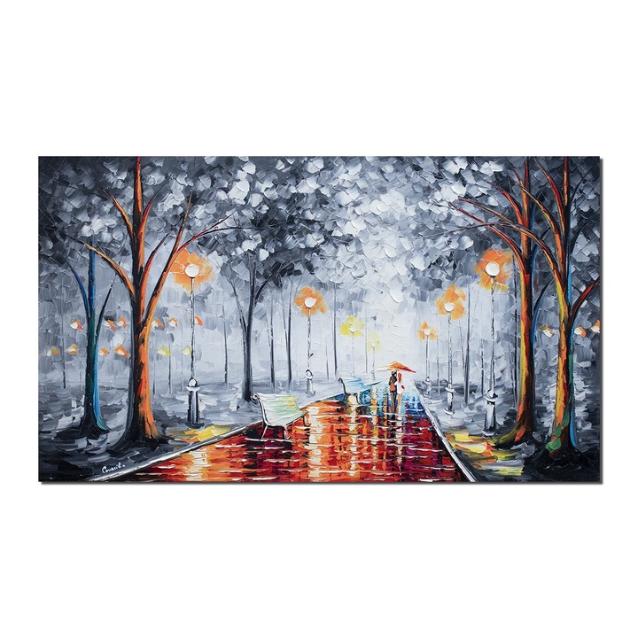 Tablou pictat manual living, Impreuna pe aleea vietii, stilizat, 120x70cm ulei pe panza in cutit efect 3D, gata de expus pe perete