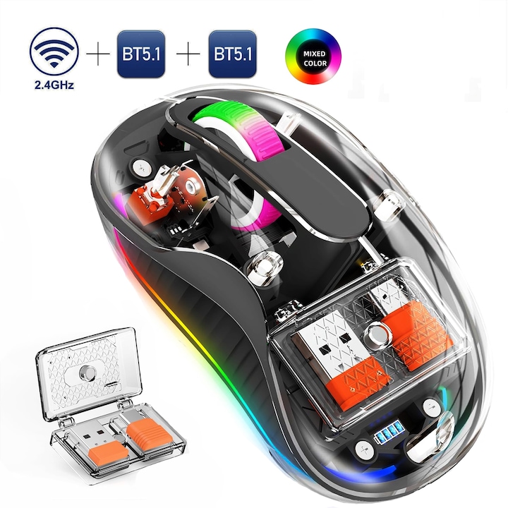 Egér vezeték nélküli átlátszó ODISSEY LIFE Otthon és Iroda, Újratölthető, Csendes kattintás, RGB világítás, Triple-Mode, 2 vevő, kompatibilis MacBook/ipad/Laptop BT 5.1, mágneses borítás, szürke