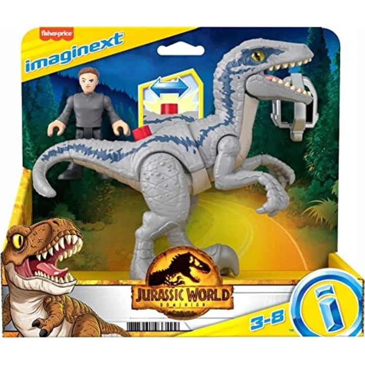 Фигурка на Оуен Грейди, Imaginext Jurassic World Velociraptor Blue, сива със сини ивици, 3-8 години
