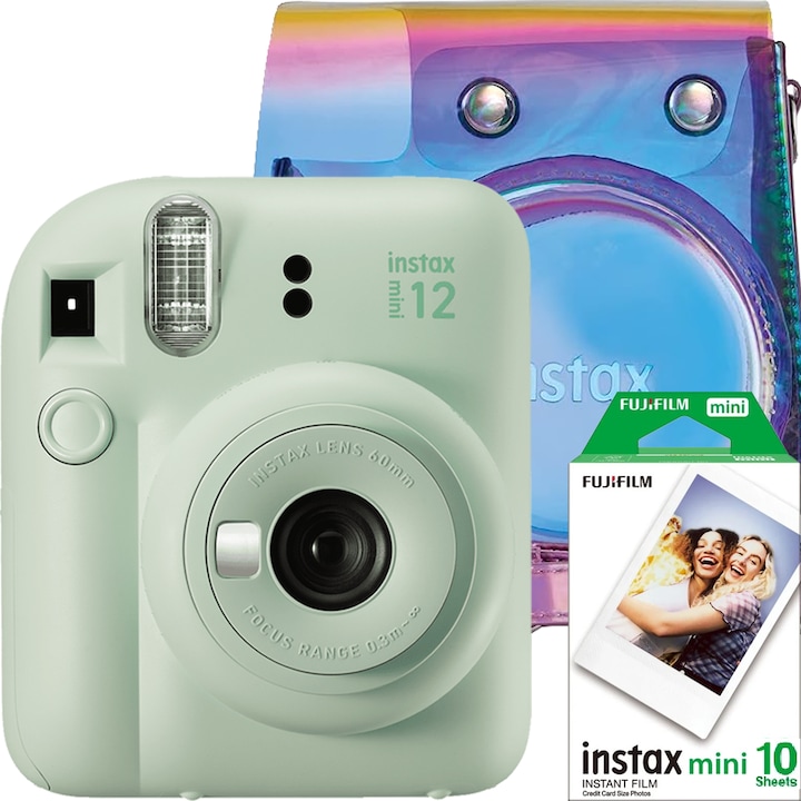 Фотоапарат за моменти снимки Fujifilm Instax mini 12, Mint Green, С калъф Instax Iridescent и филм 1x10