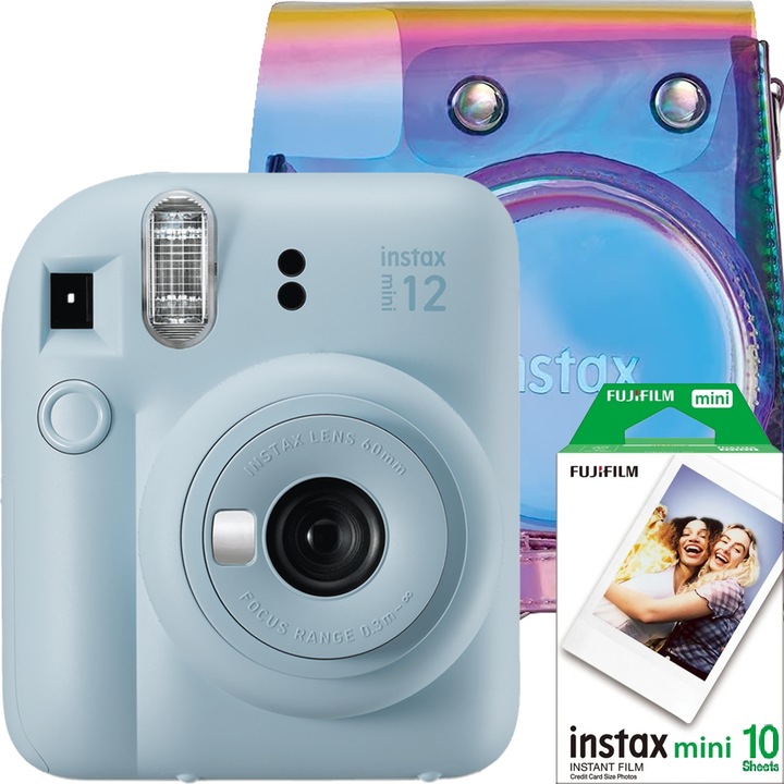 Фотоапарат за моментни снимки Fujifilm Instax mini 12 Pastel Blue с покритие Instax Iridescent и 1x10 филм