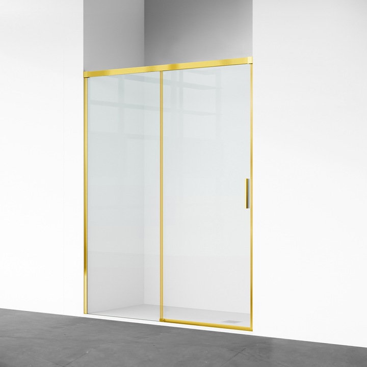 Usa de dus, glisanta, transparenta, sticla securizata de 6 mm, dimensiune 130x195 cm, profil Auriu Mat, Hanes