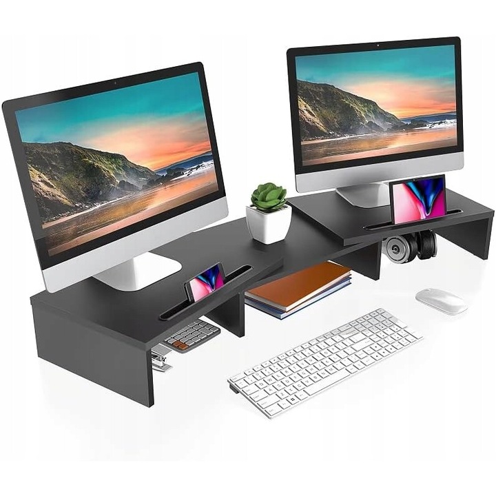 Suport din lemn pentru 2 monitoare, Luka, design elegant, reglabil, 79-111,2x27x10,6cm, maxim 25kg
