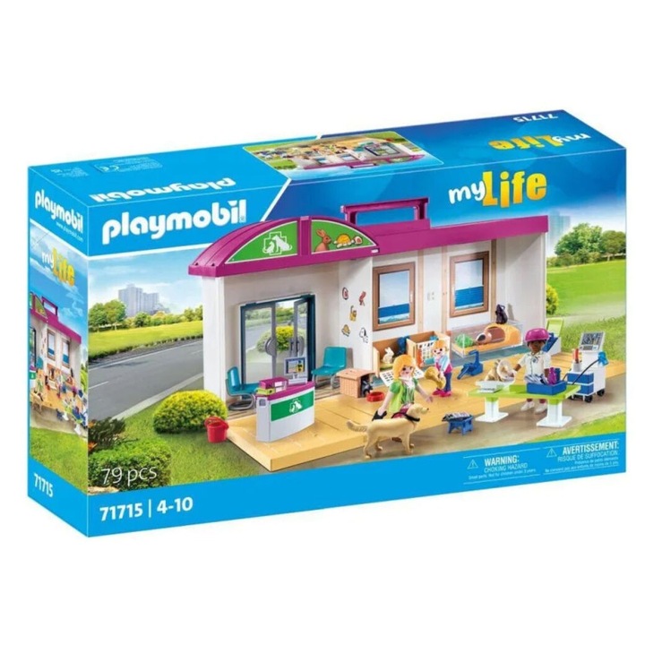 Set de constructie, Playmobil, Clinica pentru animale, 79 de elemente, figurine veterinar,multicolor