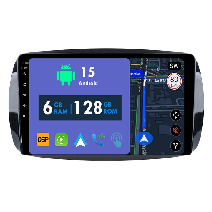 Navigatie GPS CarPlay Radio pentru Mercedes Benz Smart Fortwo 3 C453 A453 W453 2014 - 2020 Android Auto Stereo Bluetooth Ecran Tactil 6GB RAM, 128GB ROM
