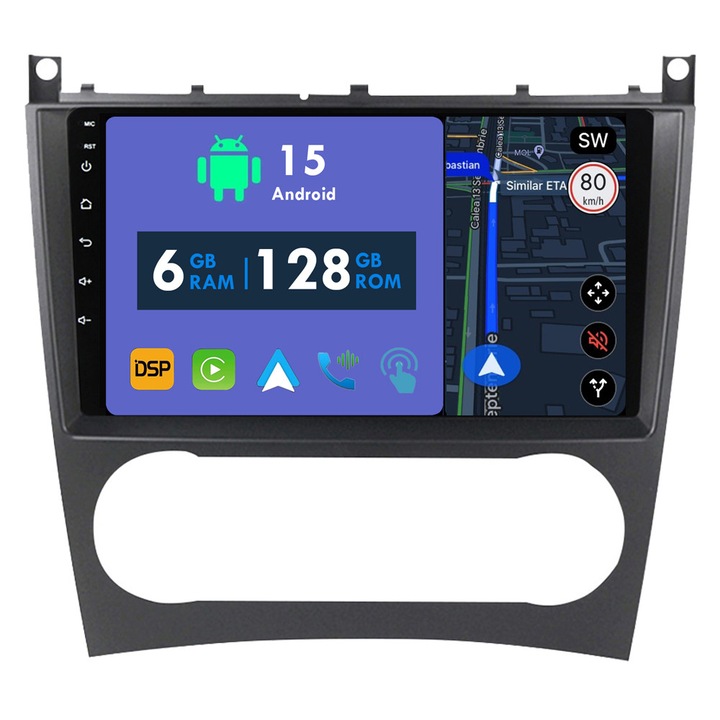 Navigatie GPS CarPlay Radio pentru Mercedes Benz C-Class C Class W203 W209 C180 C200 CL203 C209 A209 2004-2011 Android Auto Stereo Bluetooth Ecran Tactil 6GB RAM, 128GB ROM