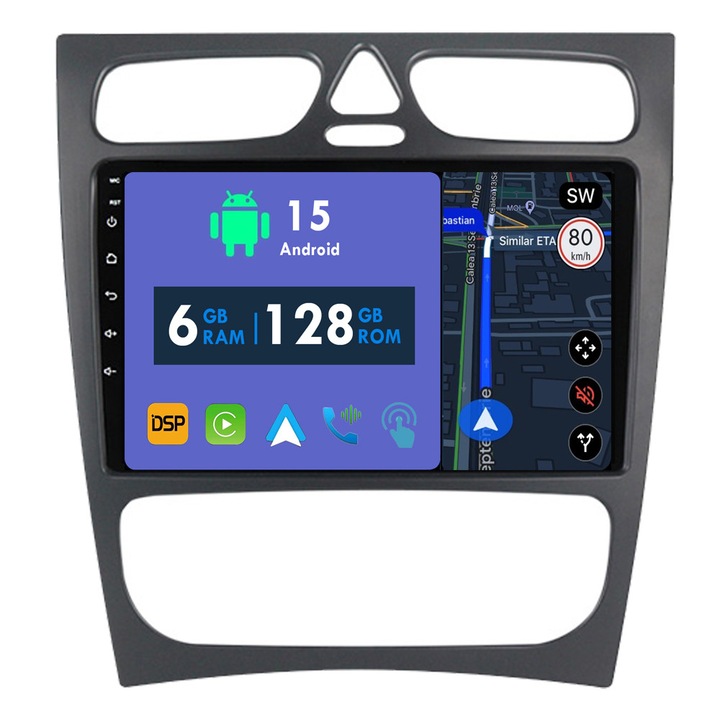 Navigatie GPS CarPlay Radio pentru Mercedes Benz C Class S203 CL203 W203 2000 - 2004 Android Auto Stereo Bluetooth Ecran Tactil 6GB RAM, 128GB ROM