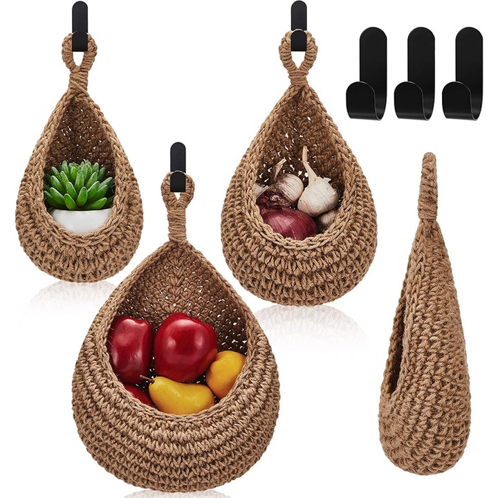 Set de 3 cos suspendat pentru decoratiuni de perete, Rqiurpn, design boho, maro, Pentru depozitarea fructelor, legumelor, florilor, plantelor, Din Iuta, set 3 dimensiuni