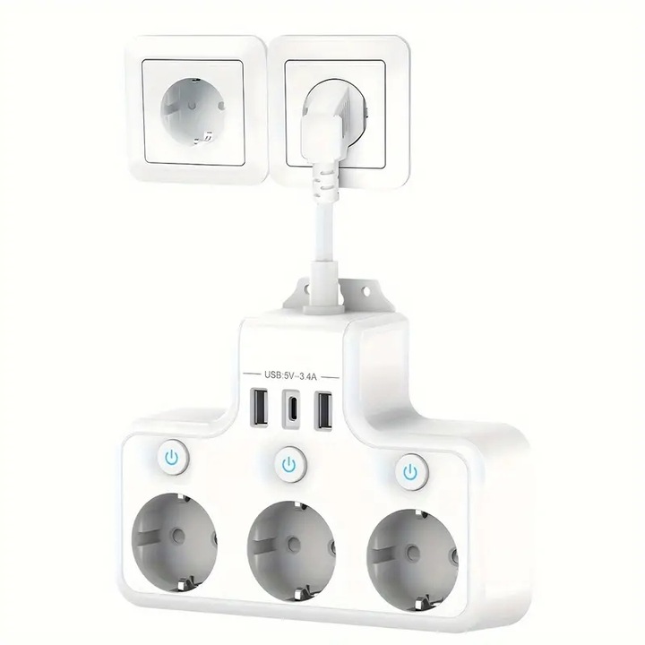 Удължител 4000W, 3 гнезда/2 USB-A/1 USB-C, BYONDSELF®, 3 отделни превключвателя, стенен мулти-гнездо, бял