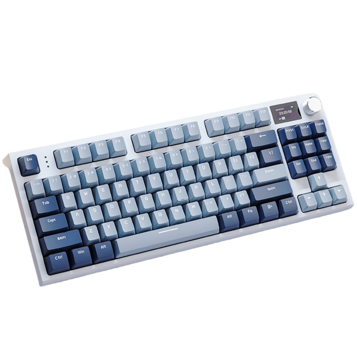 Механична Gaming клавиатура MOSMAOO®, динамичен RGB, K86, TFT екран, безжична клавиатура, трирежимна връзка, Bluetooth, кабелна връзка TYPE-C, 2.4G безжична, светло синьо