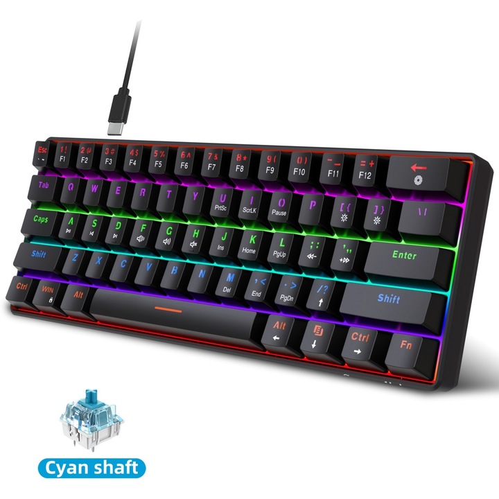 Механична игрална клавиатура MOSMAOO®, кабелна клавиатура, подвижен USB-C кабел, 61 клавиша, мини клавиатура, бизнес черен