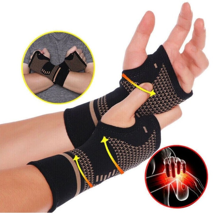 Set 2 bucati Manusi Compresive cu Fir de Cupru, pentru Alinarea Durerilor de Incheietura, Marime L, Negru/Auriu