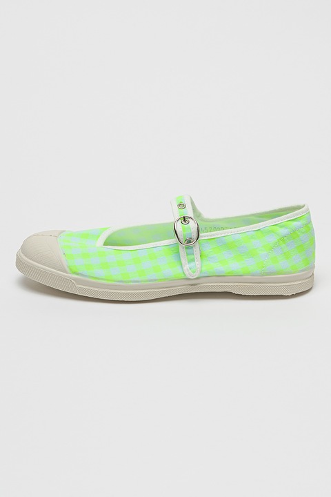Bensimon, Balerini cu varf intarit si model gingham, Verde electric/Alb murdar