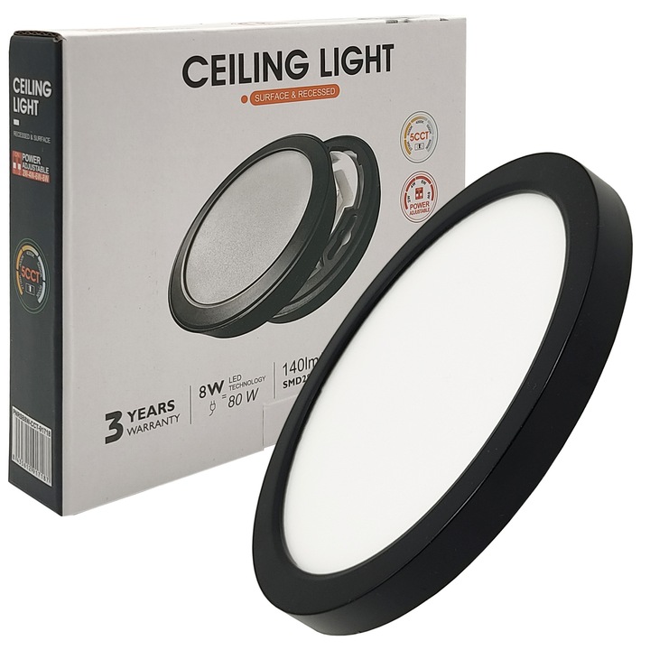 Kerek LED mennyezeti lámpa 8W (80W), 960Lm, fekete, felületi vagy süllyesztett, Ø125x21mm, IP44, állítható teljesítmény 2W 4W 6W és 8W, választható fény 2700K 3000K 4000K 5000K 6000K