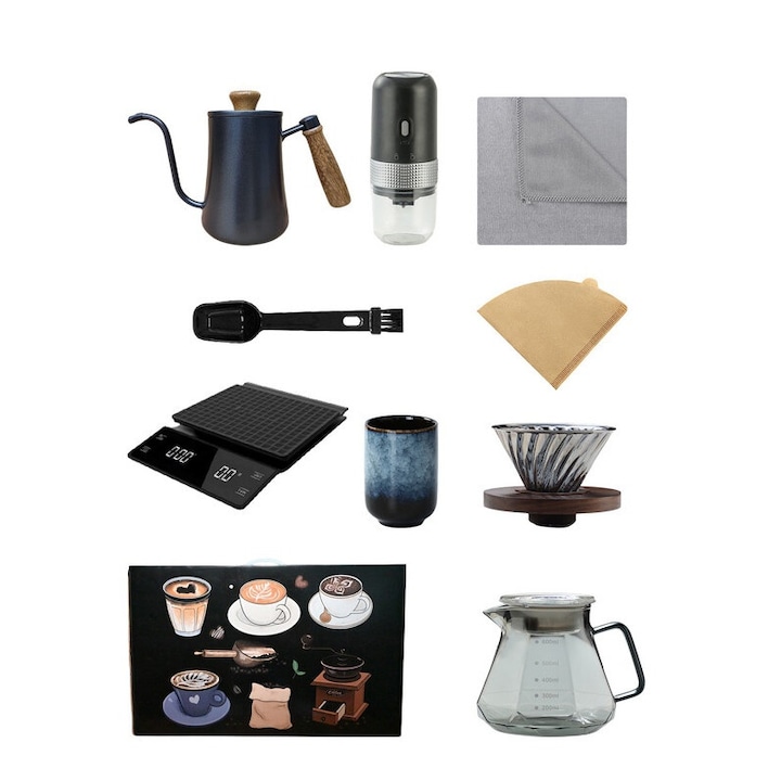Set Cafetiera EqiEch V60, 9 piese, rasnita electrica, cana albastru-negru, suport filtru din lemn, cutie cadou portabila