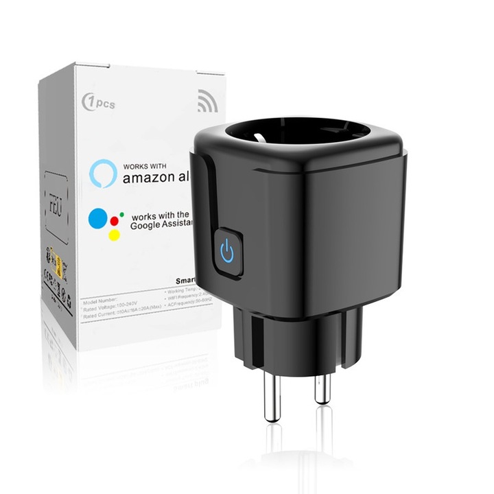 Priza inteligenta, sixwgh, control vocal, aplicatie mobila, negru