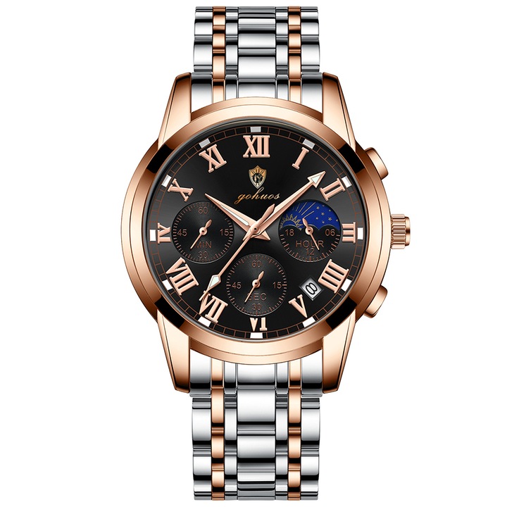 Gohuos, Férfi karóra, Kronográf, Kvarc, Acél, Ezüst Arany Fekete