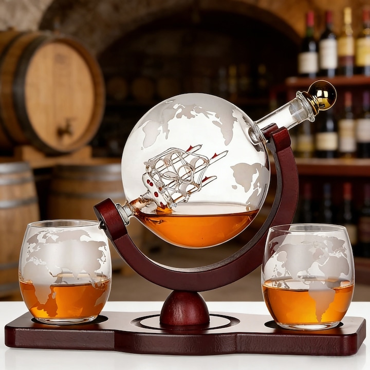 Set decantor glob cu pahare si bile de racire, 850ml, 2 pahare, suport din lemn