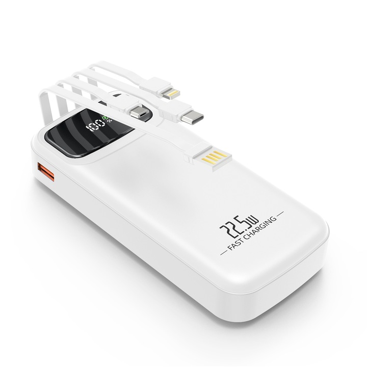 Baterie externa, JvGoal®, 20000mAh, Quick Charge, PD 22.5W, USB, Type C, Micro USB, Lightning, 4 cabluri incorporate, Display Digital, Alb