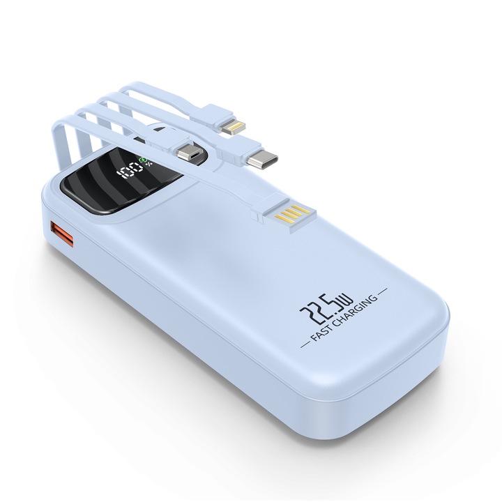 Baterie externa, JvGoal®, 20000mAh, Quick Charge, PD 22.5W, USB, Type C, Micro USB, Lightning, 4 cabluri incorporate, Display Digital, Albastru deschis