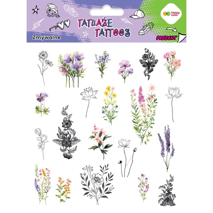 Временни татуировки Happy Colour, цветя, за момичета на 3 години