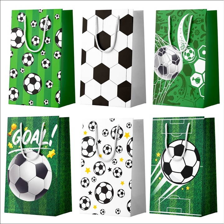 Set 24 pungi cadou, InBoxxarty, 6 modele de fotbal, cu manere, multicolor