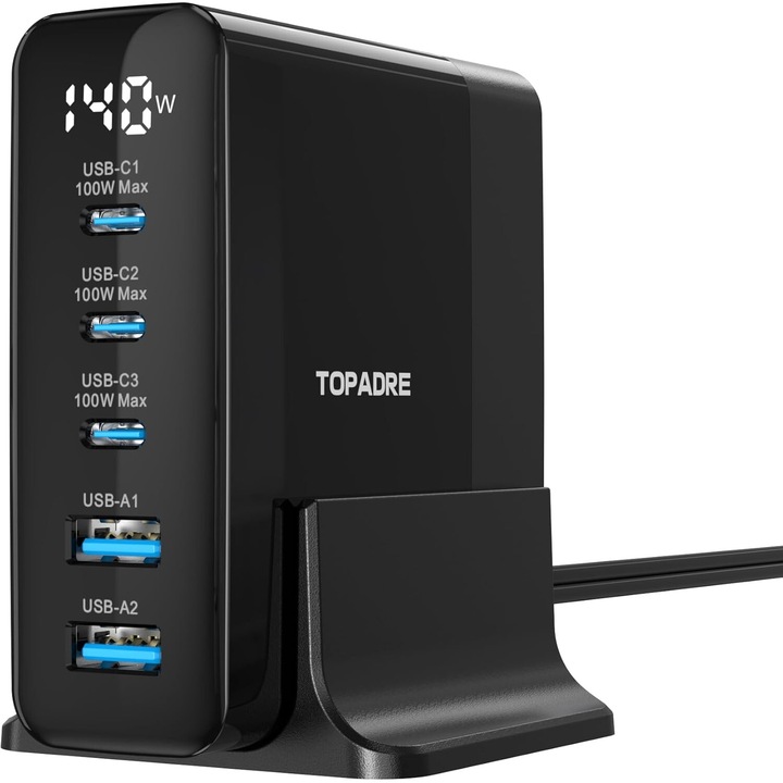 Incarcator retea 140W GaN, statie de incarcare cu 5 porturi, 3 USB-C 100W si 2 USB-A, afisaj digital, protectie supracurent, supratensiune, scurtcircuit si supraincalzire, cu cablu alimentare de 1.5 m, negru