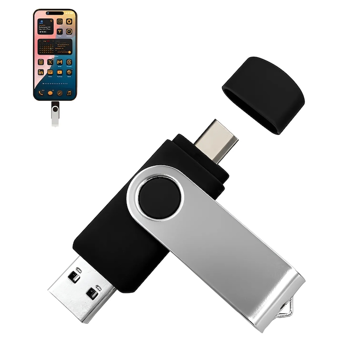 2 IN 1 Stick Memorie, 64 GB, cu USB si Type-C, Rotativ 360⁰, Waterproof, Compatibil cu Dispozitive cu port Type C, compatibilitate OTG, High Speed, Negru