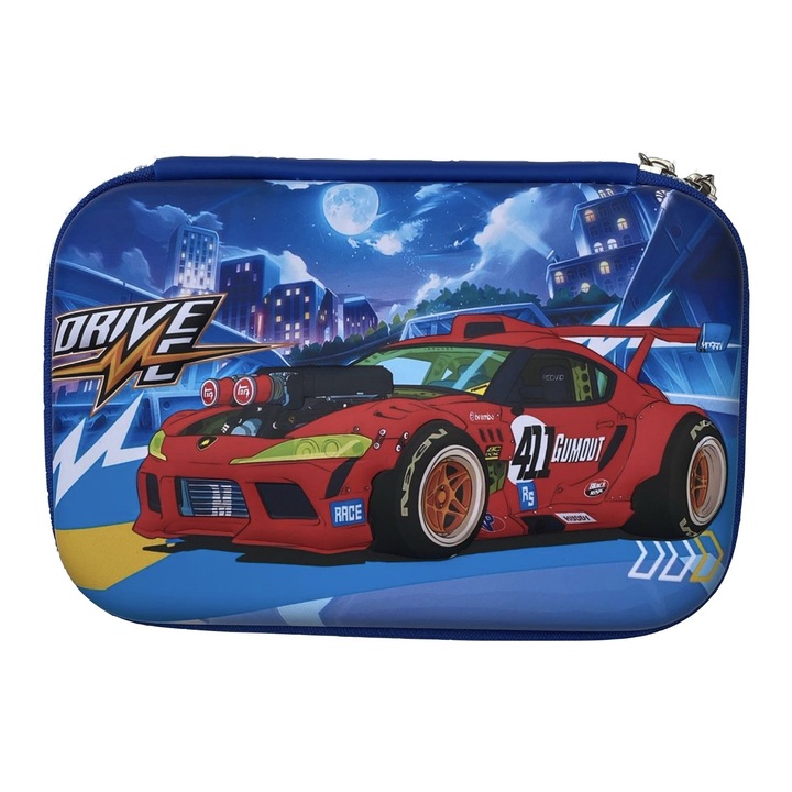 Penar 3D baieti, model masina rosie, compartimentat, pentru scoala/gradinita, albastru