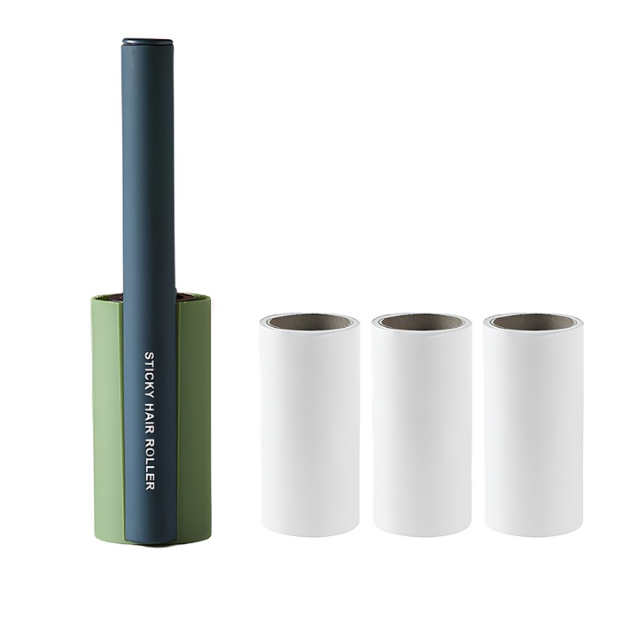 Set 4 rola scame, Dispozitiv pentru indepartarea scamele si parului de pe haine, Cu 3 rezerve role adezive, verde
