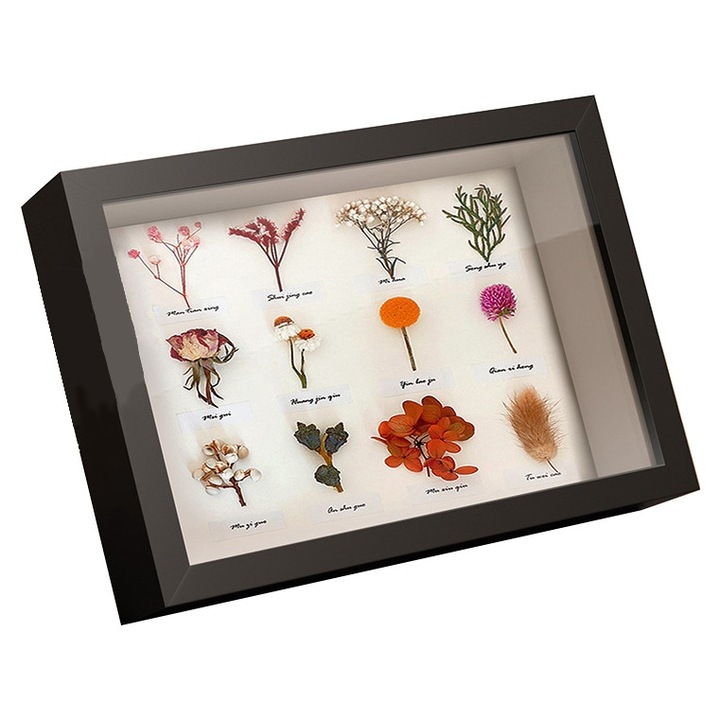 Rama foto neagra 6 inch, 10.1x15.2cm, MDF, set complet cu plexiglas si flori uscate