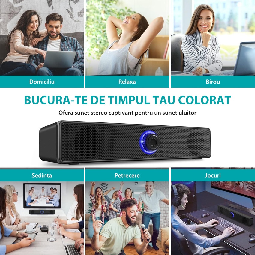 Difuzor PC cu alimentare USB, Chucai, sunet stereo, design slim, negru