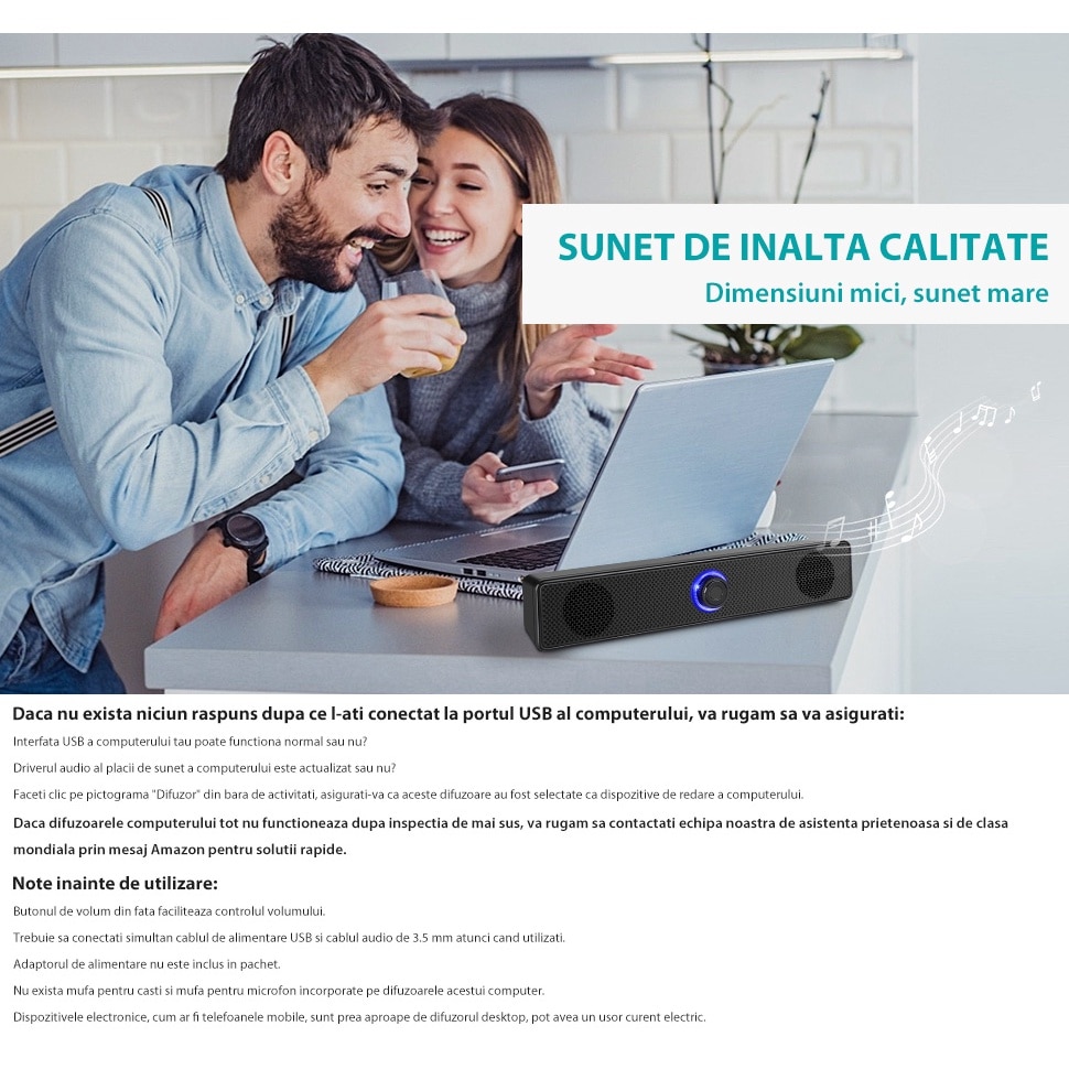 Difuzor PC cu alimentare USB, Chucai, sunet stereo, design slim, negru