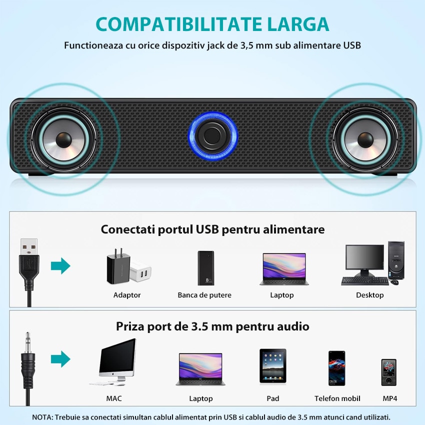 Difuzor PC cu alimentare USB, Chucai, sunet stereo, design slim, negru