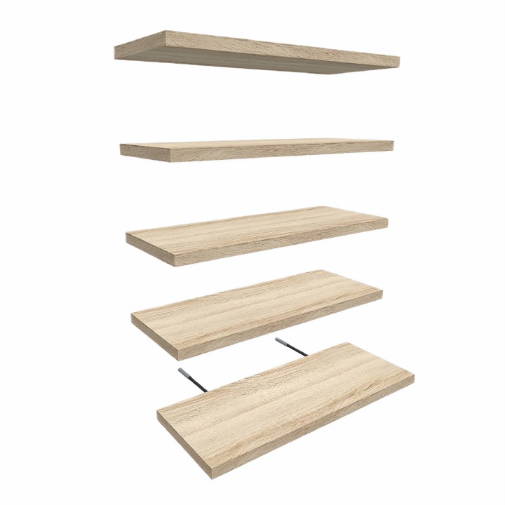 Set 5 Rafturi Suspendate, 45x17x1.8 cm, Culoare Stejar Sonoma, Design Modern, Polite Decorative, Dormitor, Living, Birou, Bucatarie, Baie, Organizare, Depozitare, Polita