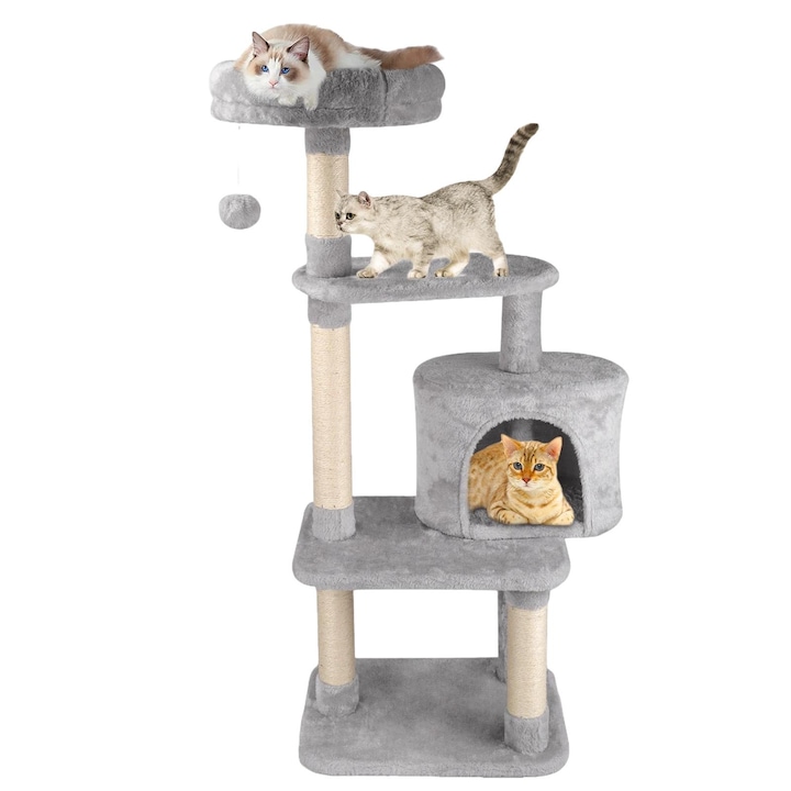 Котешка кула за игра, дизайн на няколко нива, със стълбове за драскане и играчка с шнур, светло сиво
