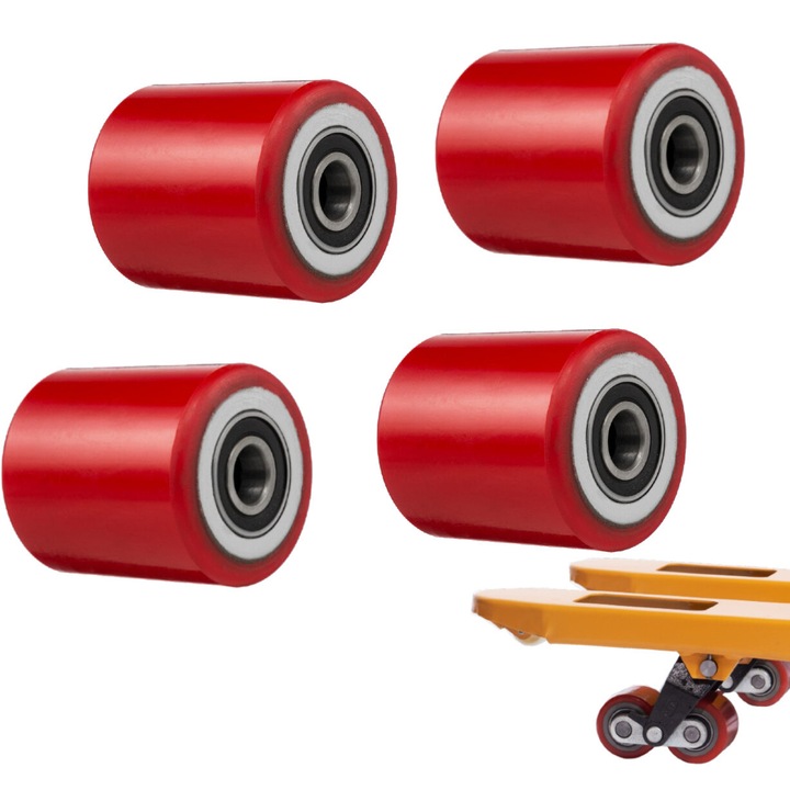 Set 4 Roti pentru transpalet manual 80x90mm din poliuretan Handlekraft®, capacitate 2500-3000 kg, rezistente, durabile si aderente, Rosii