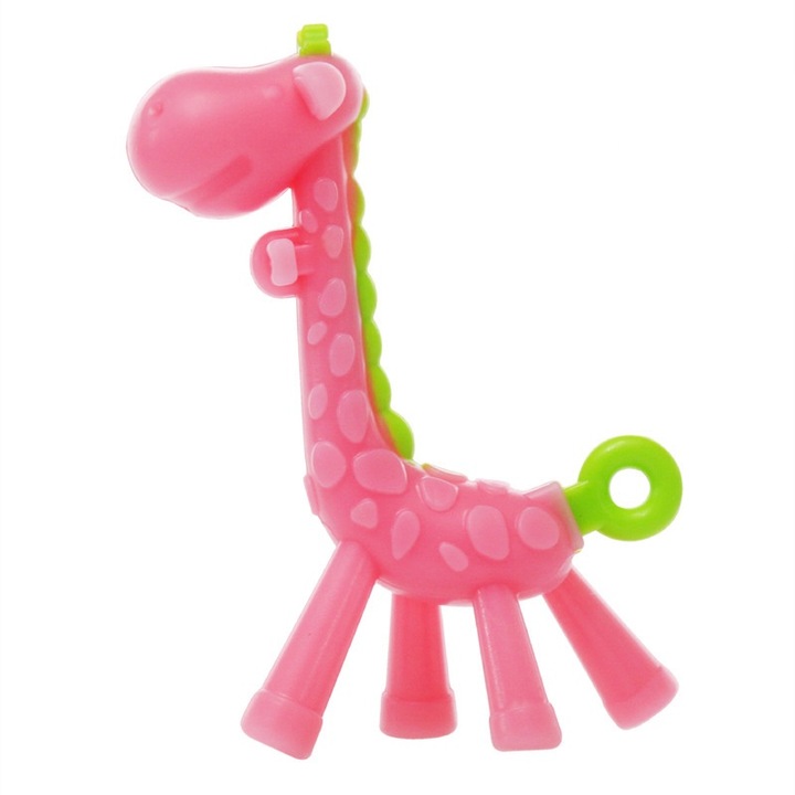 Играчка за зъби, форма на жираф, хранителен силикон, розова, 13,4x8,3 см