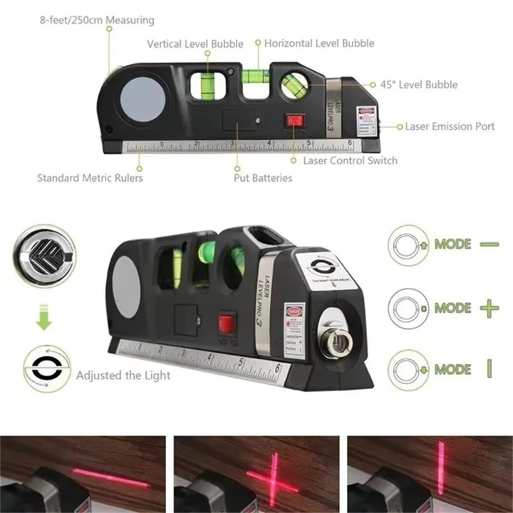 Nivela Laser cruce Crrkty, orizontal si vertical, 3 linii, negru, 2.5m, ruleta si rigla din aluminiu 15cm, negru, multifunctionala 4 in 1 Laser