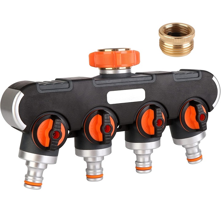 Distribuitor robinet cu 4 cai, Chucai, 3/4" si 1/2", valve ON/OFF, Cauciuc/Aliaj, usor de instalat, Multicolor