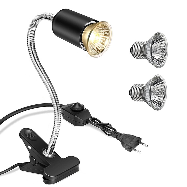 Lampa de caldura pentru reptile, 2 becuri UVA/UVB (50W), suport ajustabil, negru, 11.5x7.5x30cm