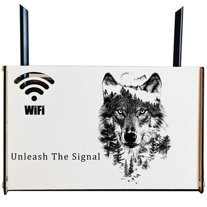 Raft Suport Router Wireless, JOYSTOS, Pentru Mascare Fire si Echipamente WI-FI, 31X20 cm, Alb, Design Wolf ”Unleash The Signal”