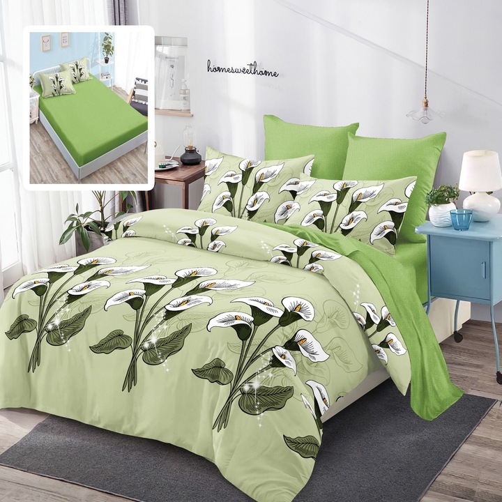 Francia ágynemű Finet Cotton 6 db matrachuzattal 160x200 vagy 180x200 cm, paplan 200x230 cm, 2 párnahuzat 50x70 és 70x70 cm, Virágok Green White, Pucioasa HF6P207