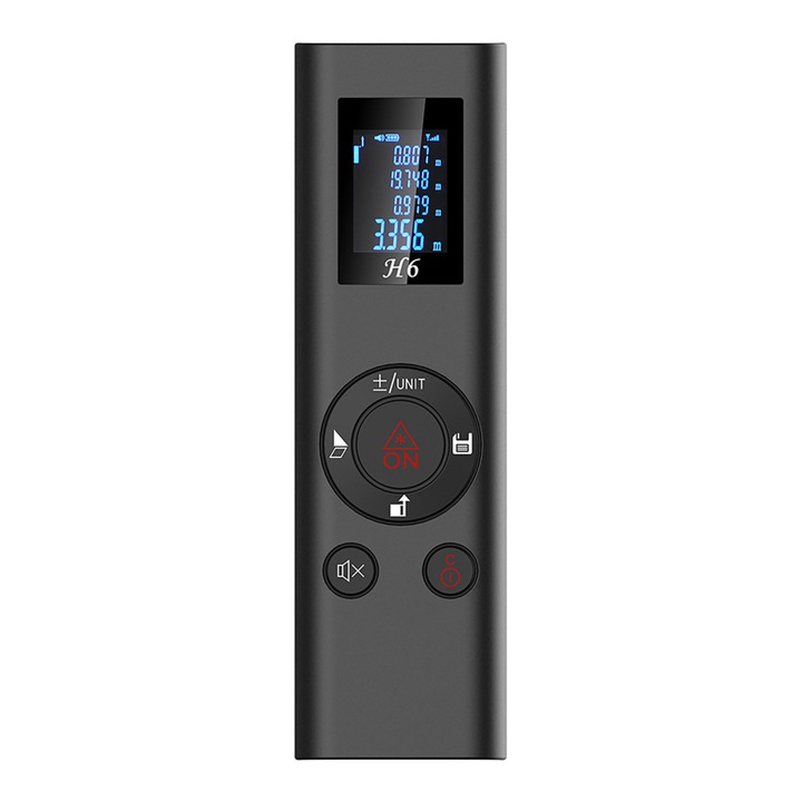 Multifunció lézeres távolságmérő, 0-40m, LCD képernyő, pontosság +/- 1mm, újratölthető, felület számítás, térfogat, pitagorasz számítás, fekete